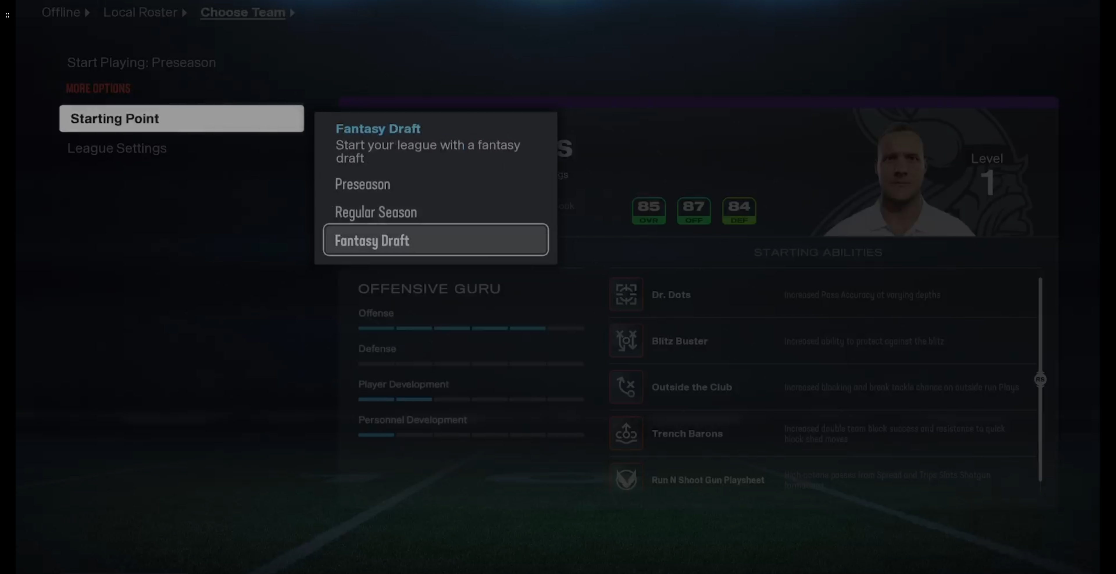 Fantasy draft starting point option in Madden NFL 26