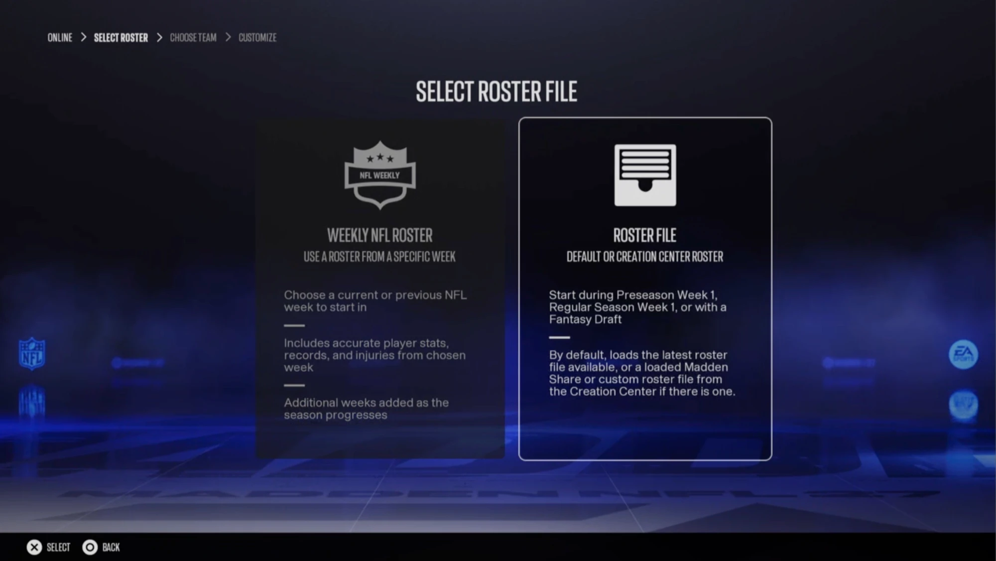 Select Roster File screen in Madden 27