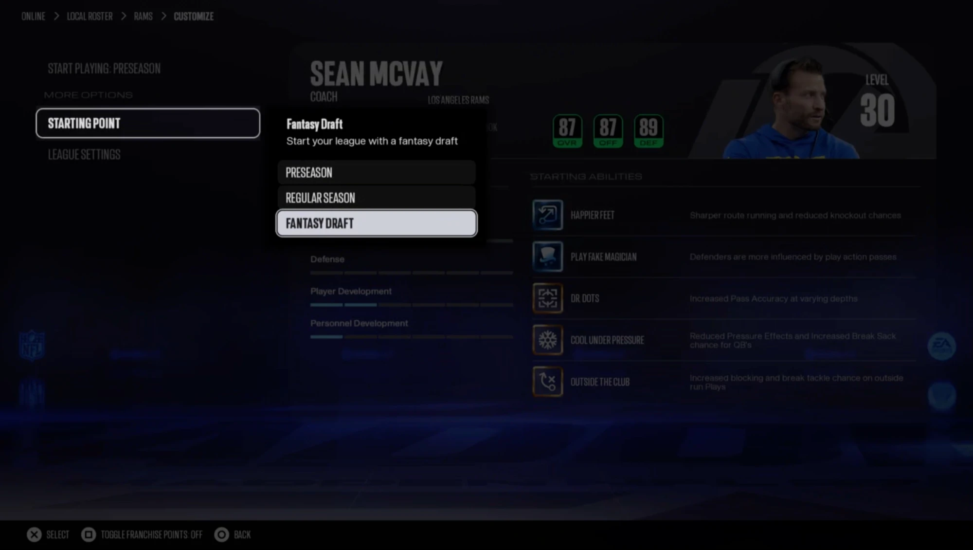 Fantasy Draft starting point option in Madden 27