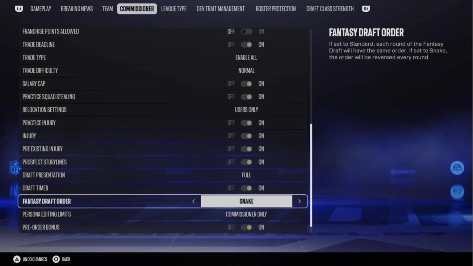 Fantasy Draft Order set to Snake in Madden 27