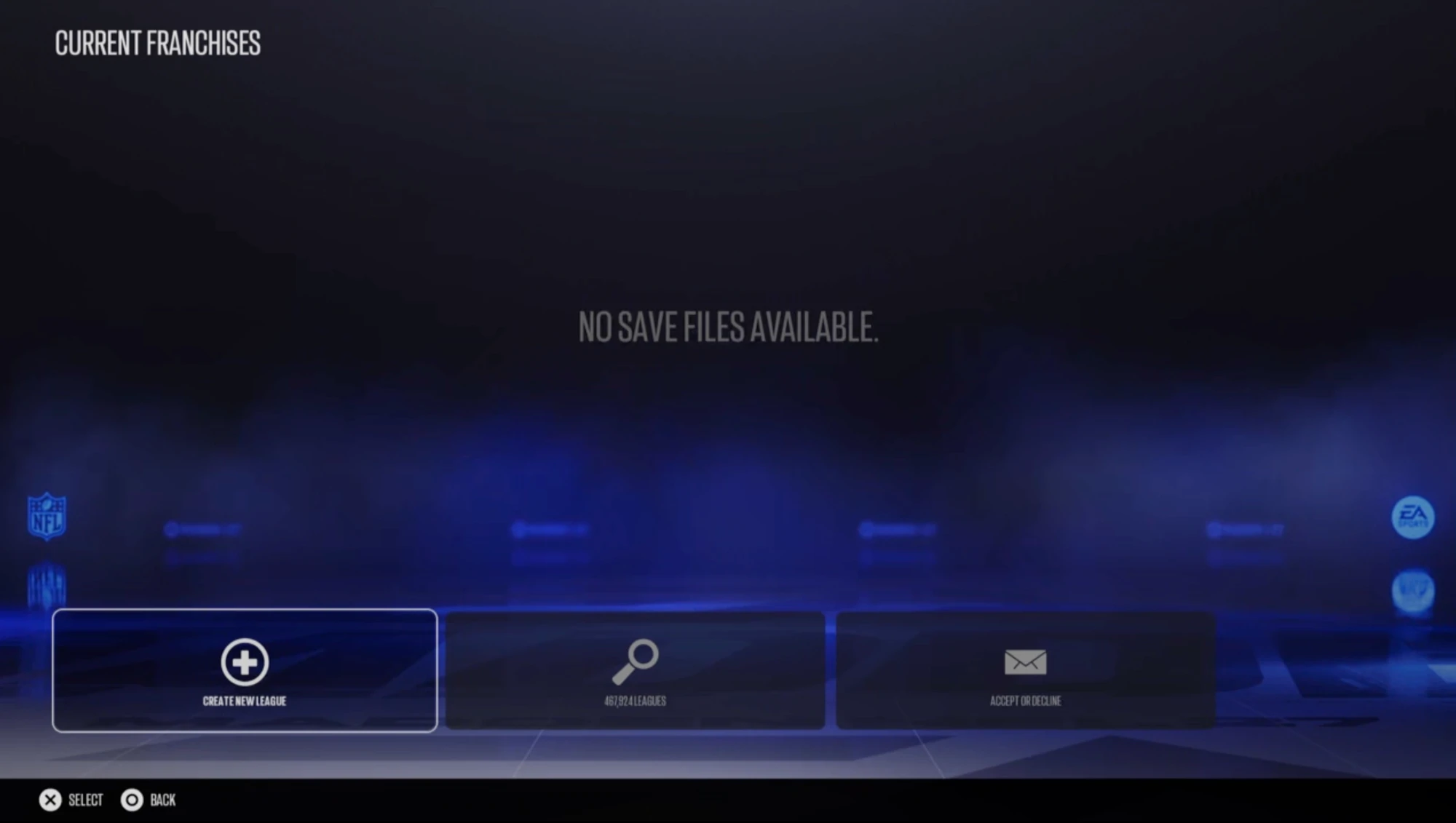 Current Franchises screen in Madden 27